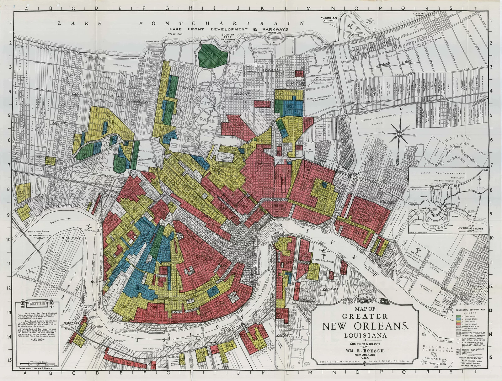 a color-coded map of New Orleans, showing redlining and segregation in place