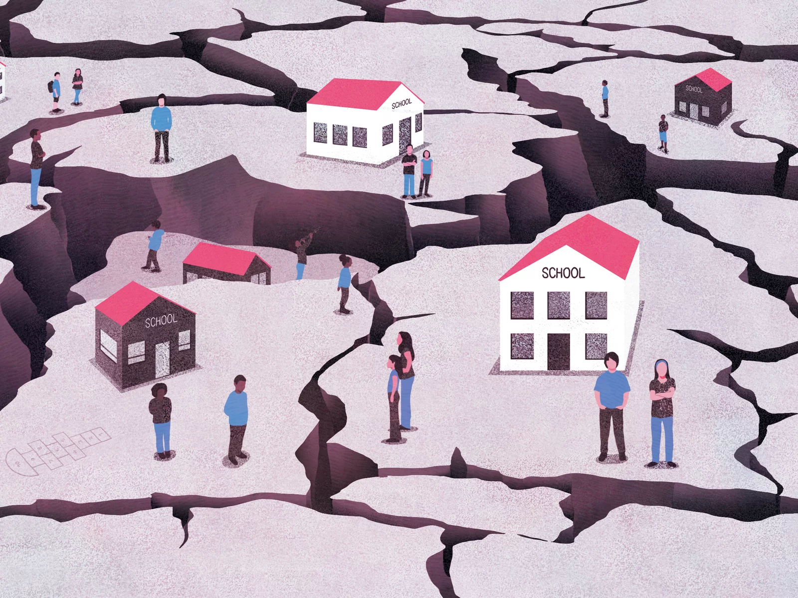 a cartoon drawing showing a landscape broken apart by deep cracks in the earth, groups of people with similar skin colors stand together, three school buildings are shown (one brown, two white) representing school segregation