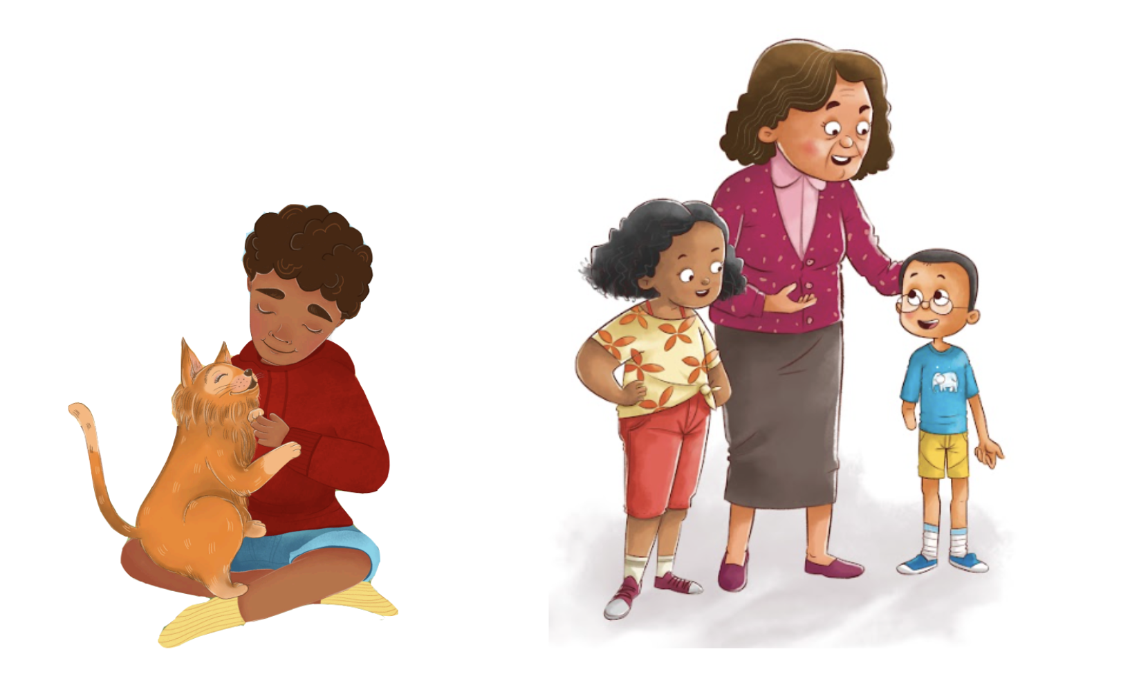 character sketches of child playing with dog, older woman and young kids