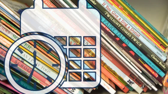 clock and calendar icons over a background of stacked books
